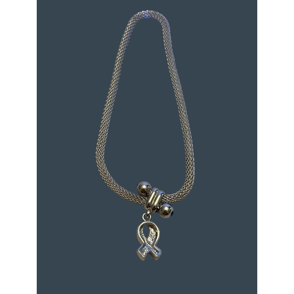 Silver Mesh Bracelet With Blue & Red Rhinestone Ribbon Pendant - Picture 9 of 10